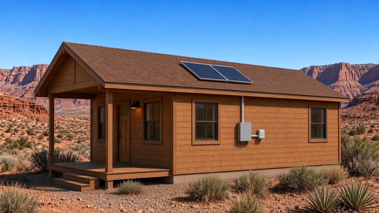 Two solar panels on a shed with a battery box, charge controller and inverter